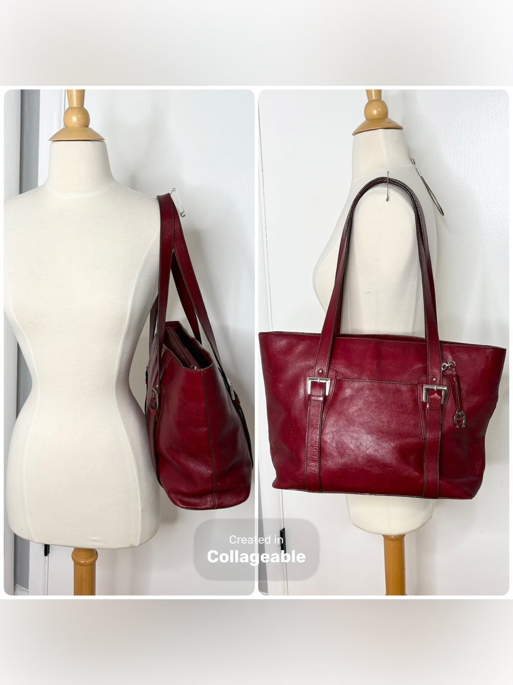 Y2K Vintage Etienne Aigner Red Large Pebble Leather Top-Zip Tote Bag - Picture 2 of 11